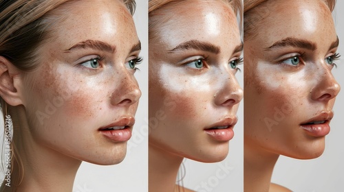 Before and after collage of skin elasticity due to collagen, realistic digital photography, beauty transformation