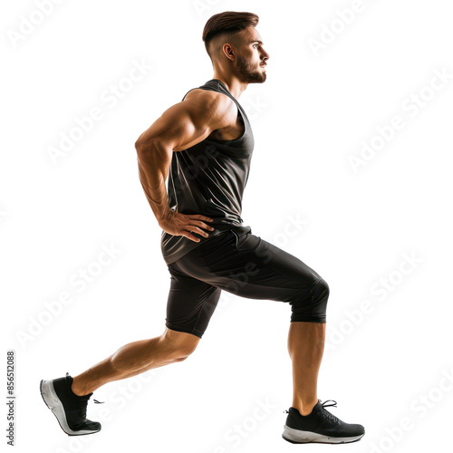 Young fitness sportive man in sports uniform side view full length on transparency background PNG 