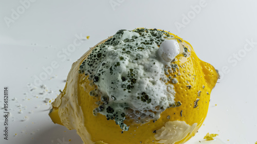 Close-Up of Moldy Lemon with Green and White Spores Floating, Isolated on White Background