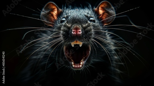 the face of a rat with an open mouth looking at the camera, close-up of a rat's scary evil face