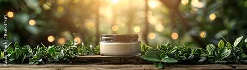 On a natural wooden surface, a jar of cosmetic moisturizer cream is surrounded by greenery, emphasizing its organic and eco-friendly attributes. The generous copy space complements the serene and