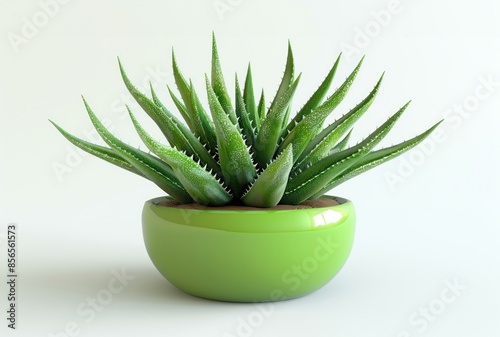A detailed image of an aloe vera plant in a glossy green pot against a plain background.