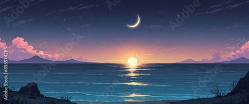 An illustration of sunrise on a shallow sea with a crescent moon Beautiful view, a nature 2D landscape for a game, separated onto layers.