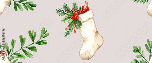 Watercolor Christmas sock with mistletoe and pine branches Hand drawn illustration.