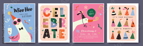 Set of Birthday greeting card with cute little ducks, party hats and typography design.