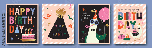 Set of Birthday greeting card with cute little ducks, party hats, cake, balloons and typography design.