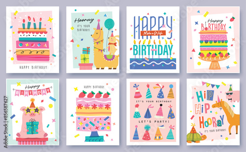 Happy birthday collection with cartoon character animals, cakes and colorful confetti. Birthday party vector illustration for greeting card, gift tag, invitation, poster, sticker, prints.