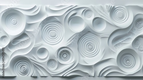 Abstract white geometric 3D wall panel, bold patterns, high relief, raw and detailed, minimalist background