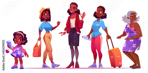 Life cycle stages of african woman from toddler child to senior. Human lifetime evolution. Cartoon vector set of female character growing process in kid, student, mature and grandparent age period.