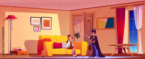 Kids sitting in house living room at Halloween vector background. Home furniture indoor for livingroom decor. Brother in bat costume at night in hallway lounge near apartment entrance 2d wallpaper