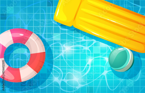Summer swim pool top view vector background. Inflatable ring float on water ripple texture. Hotel poolside above design with lifebuoy, mattress and ball toy 2d image. Summertime and vacation graphic