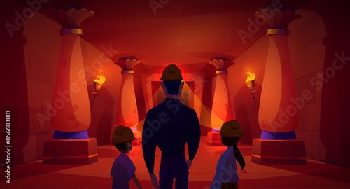 People back in abandoned egypt corridor background. Family explore underground ancient temple hall with torch fire and column fantasy game illustration. Symmetry old history museum room interior