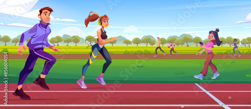 Man and woman run on stadium track in park vector. Sport marathon line for runner competition. People training on racetrack arena cartoon background. Outdoor olympic sprint contest illustration