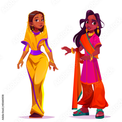 Young women in Indian saree isolated on white background. Vector cartoon illustration of beautiful female characters wearing traditional color silk clothes, ethnic festival, India village characters