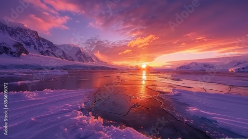 Antarctica's stunning scenery with simultaneous sunset and sunrise, reflecting on frozen lakes, midnight sun brilliance, raw detail