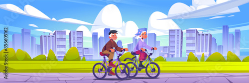 Senior couple cycling in summer city park. Vector cartoon illustration of elderly man and woman riding bicycles in public garden against cityscape background, active lifestyle, healthy activity