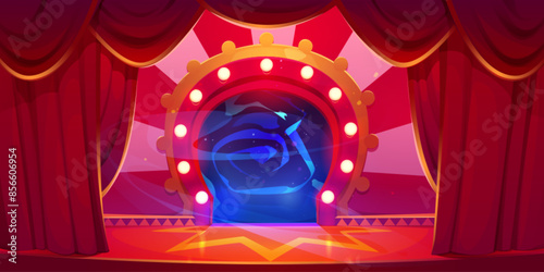Circus arena with magic portal behind red curtains. Vector cartoon illustration of fantasy theater stage with mysterious space teleport, blue smoke in door decorated with light bulbs, game background