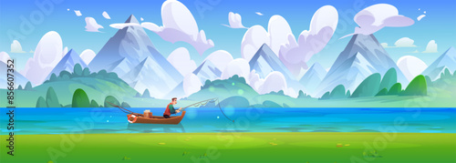 Man in boat fishing on mountain lake. Vector cartoon illustration of person enjoying hobby on vacation, beautiful scenery, river in sunny valley with green grass, bushes on hills, clouds in blue sky