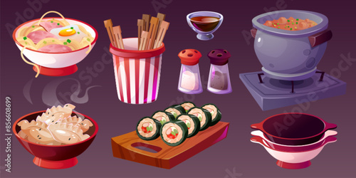 Korean food for cafe and restaurant menu. Cartoon vector illustration set of traditional Asian meals - soup and gimbap, mandoo and noodle with meat and egg, spices and chopsticks. Korea cuisine.