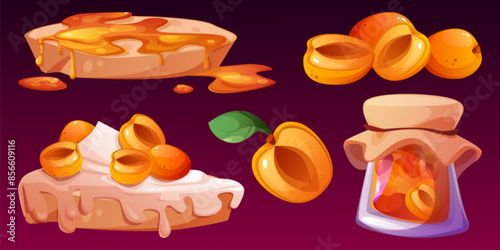 Apricot jam on toast, pie with dairy, glass bottle. Cartoon vector set of spread orange color jelly marmalade on bread, fruit preserve in jar with fabric cap cover, sweet dessert, whole and half berry