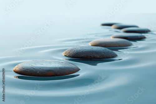 Smooth stepping stones creating a path on tranquil water. The serene scene emphasizes balance, calmness, and harmony in nature.