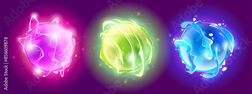 Magic neon glow ball with wave, lightning and energy light effect. abstract fantasy sphere. cartoon vector futuristic technology fireball or wizard crystal orb. Space and time game ui portal.