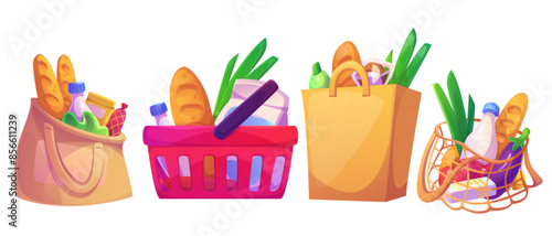 Paper and cloth bag and plastic supermarket basket full of grocery goods. Cartoon vector food and drink in shopping sack. Purchase and delivery of provision products. Package with meal ingredients.