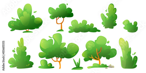 Green plants set isolated on white background. Vector cartoon illustration of tree, bush, shrub, grass for spring or summer park, wood, forest or garden design, foliage on branches, game ui elements