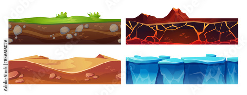 Cut ground layer for game ui platform design. Cartoon vector set of seamless underground texture of soil with green grass, sand in desert, rock with lava and magma, frozen ice and snow