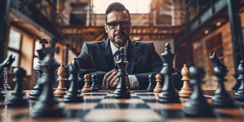 A man in a suit is sitting at a chess board