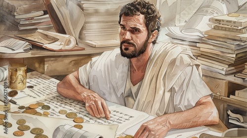 Apostle Matthew in Tax Collector's Office, Contemplative Expression, Roman Coins and Ledgers, Biblical Illustration, Beige Background, Copyspace