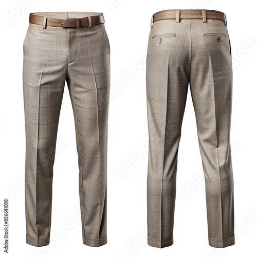 A front and back view of mens formal pants in a tan plaid pattern. The pants have a classic fit and are tailored with a belt loop waistband. Generative AI