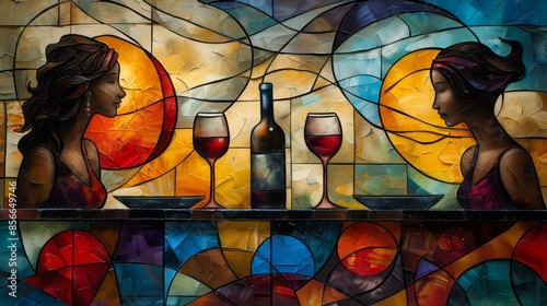 Artwork - Stained Glass Mosaic Painting of Women at Table, Wine and Food, Wine