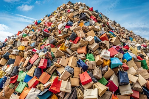 pile of shopping bag overflow. Consumerism and product waste