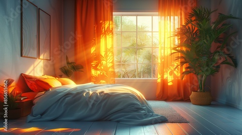 Relaxing Bedroom Interior, Warm Sunset Glow