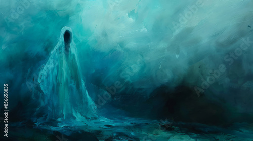 Scary ghost. Abstract illustration of a spirit in oil paint style in blue colors. Ghost.