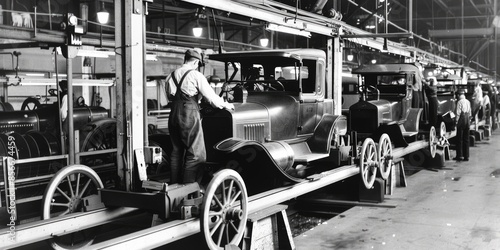 A historical black-and-white photograph of an assembly line with workers building early model cars. The image captures the engineering ingenuity and industrial atmosphere