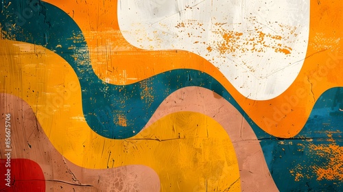 Vibrant abstract art featuring curvy shapes and lines in a warm color palette on a textured orange backdrop, perfect for creative projects.