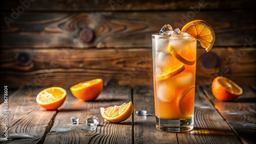Vibrant orange-hued cocktail in a collins glass garnished with a slice of orange, sparkling wine, and a splash of soda water on a rustic wood table.