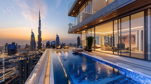 Modern luxury architecture in Dubai, stylish penthouse apartment with large balcony and swimming pool, scenic of city skyline with skyscraper at sunset, landmark iconic tower background. 3d modern art