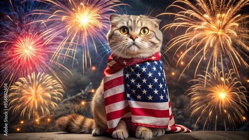 Cat Wearing An American Flag In Front Of Fireworks