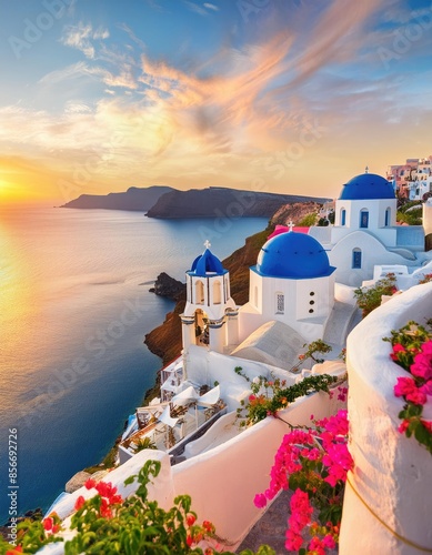 Blue Domed Churches of Santorini at Sunset