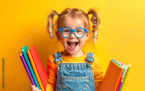 Cheerful young girl with blue glasses holding colorful school supplies against a bright yellow background, ready for school and learning