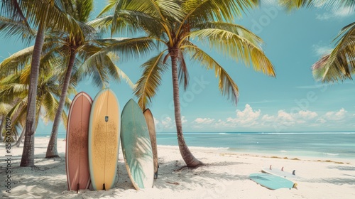 Tropical Beach with Surfboards and Palm Trees - Colorful surfboards resting against palm trees on a sunny tropical beach, perfect for summer vibes and coastal living.