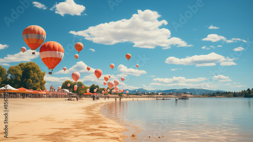 ballon, himmel, beach, heiss, luft, meer, wasser, sport, drachen, fliegender, wind, ozean, heissluftballon, sommer, anreisen, spaß, fliege, fallschirm, fliegen, brandung, urlaub, transport, bunt, land