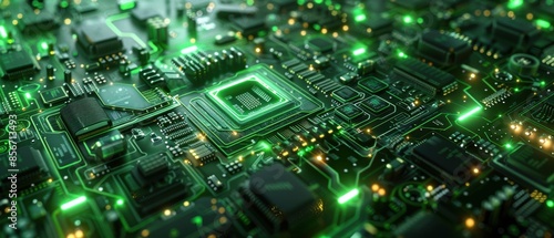 Green Circuit Board with Glowing Lines.