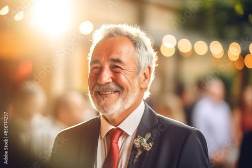  Close-up portrait of a father in his 50s, tears of joy and pride at his child's wedding in the blurred background