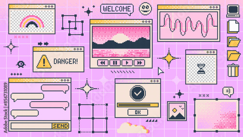 Retro y2k computer window page interface. Vector pc desktop with folders, loading bar, program error, chat app, sparks, browser and menu icons. Rave pink screen background in old 2000s aesthetic style