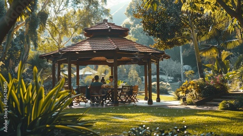 Picnic by a charming gazebo in a botanical park,