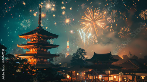 a image about Japan summer Festival, night, with fireworks in the sky, japanese travel poster